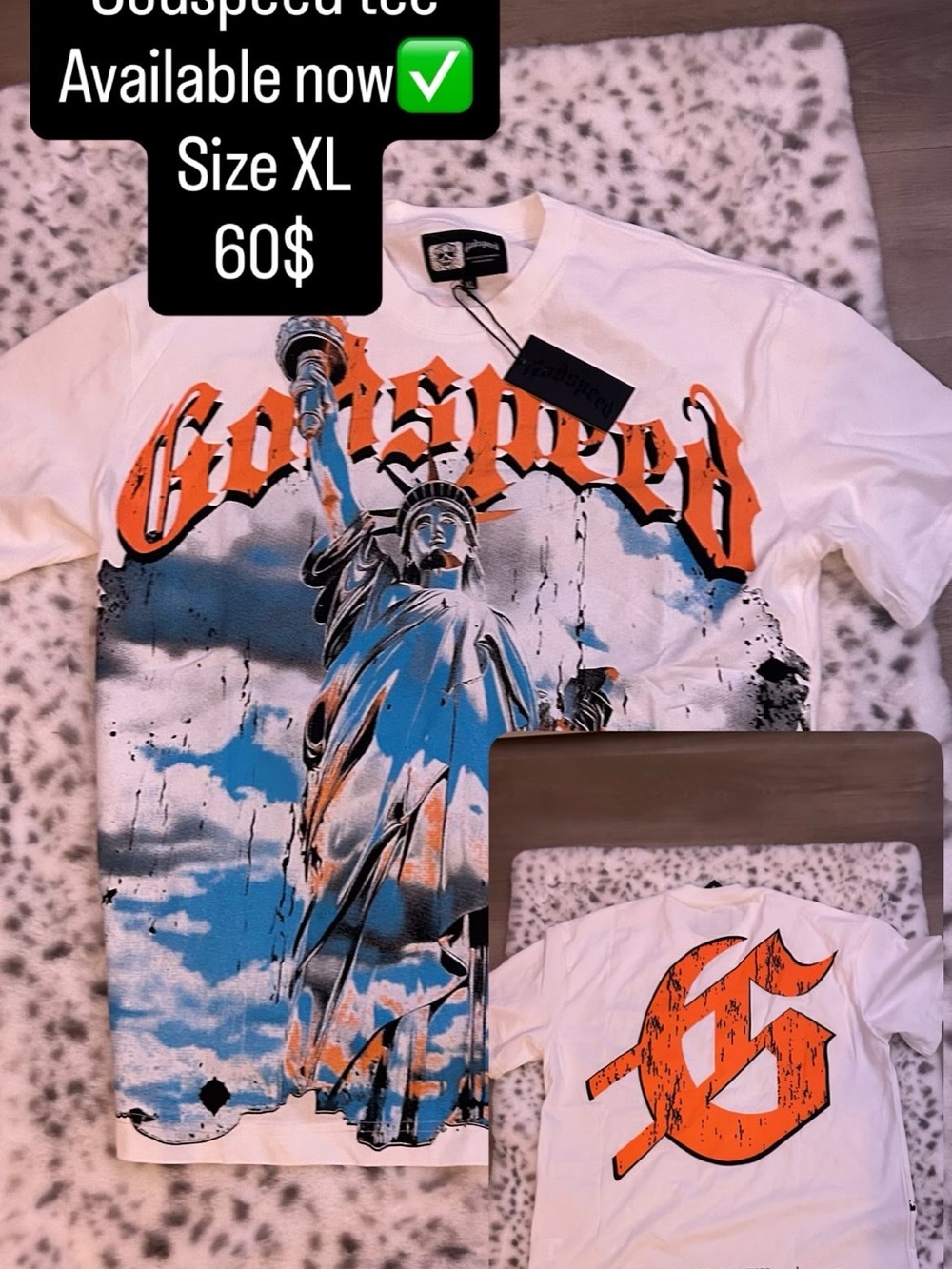 Godspeed White Short-Sleeve Graphic Tee with Statue of Liberty Print